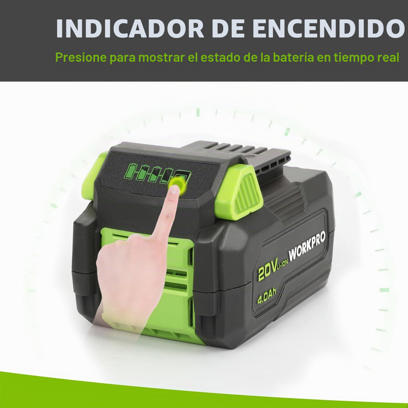 WORKPRO Batería Litio 20V 4,0Ah Sin Efecto Memoria Compatible | Mayor Capacidad para Trabajos Prolongados, Diseño Compacto y Protección Eficiente para Uso Continuo