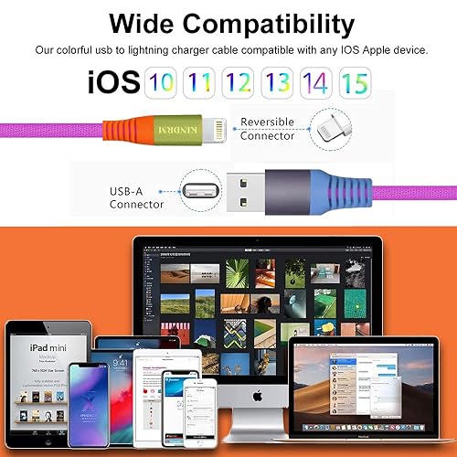 Miniatura 3 de Cable de carga para iPhone, certificado MFi de Apple 3 pies colorido gradual USB A a Lightning cable de carga rápida de nailon trenzado para iPhone