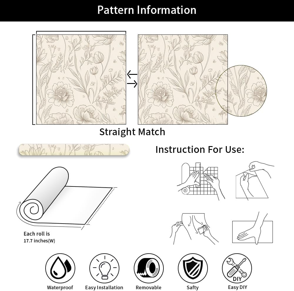 18"x236" Beige Warm Poppy Flower Modern Peel and Stick Self Adhesive Wallpaper Removable Contact Paper Stick on Easy Peel Off Wall Paper for Kitchen Bedroom Bathroom Renter
