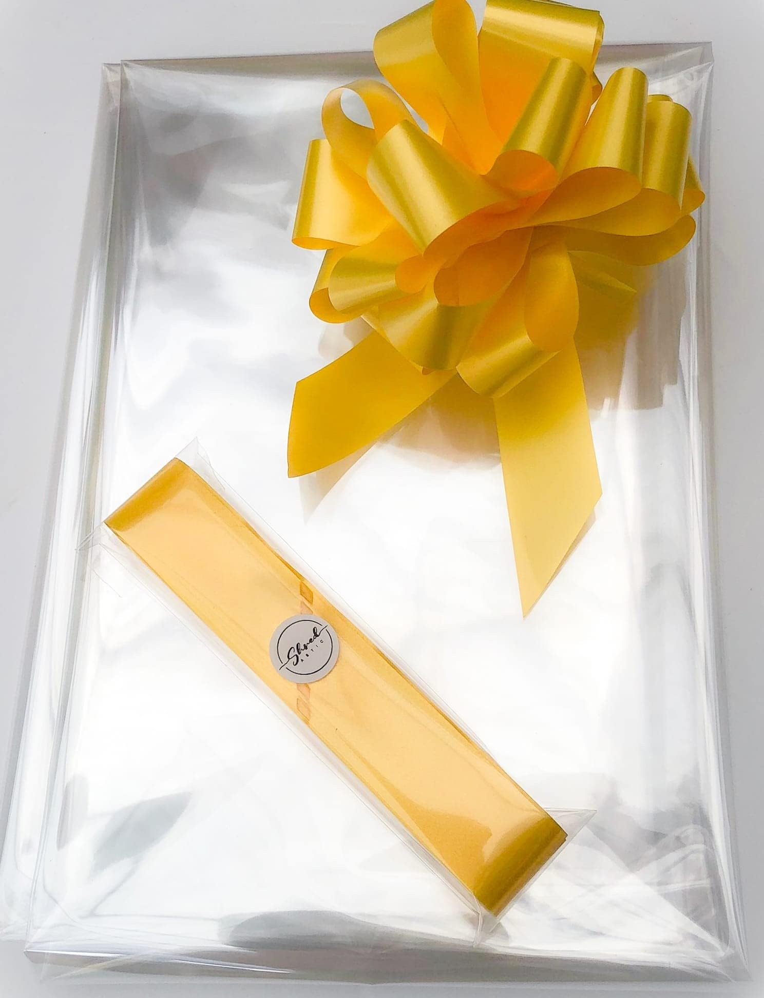 ShredAstic® Clear Florist Cellophane wrap with 30mm Pull Bow (2 metres, Yellow)