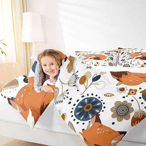 Miniatura 3 de Juego de edredón de zorro tamaño Twin, juego de ropa de cama con zorro durmiente de vida silvestre de dibujos animados para niños y adolescentes,