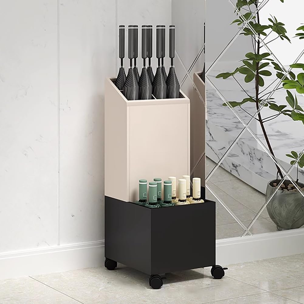 BHFPFZA Large Capacity Wrought Iron Umbrella Stand with Removable Drip Tray, Portable Metal Umbrella Holder on Wheels for Commercial Entryway