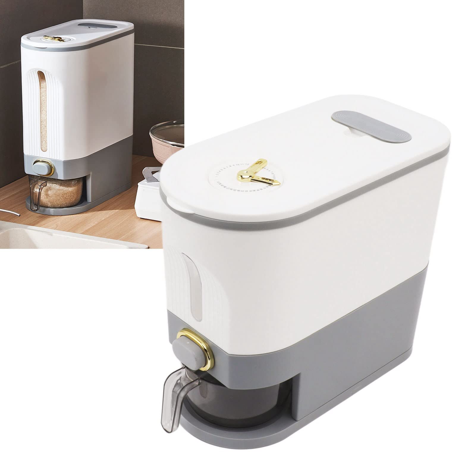 Domary Contenitore di Stoccaggio Ermetico di Grande capacità per Dispenser Riso per Uso Domestico in con Materiale PP e PET (Grigio)