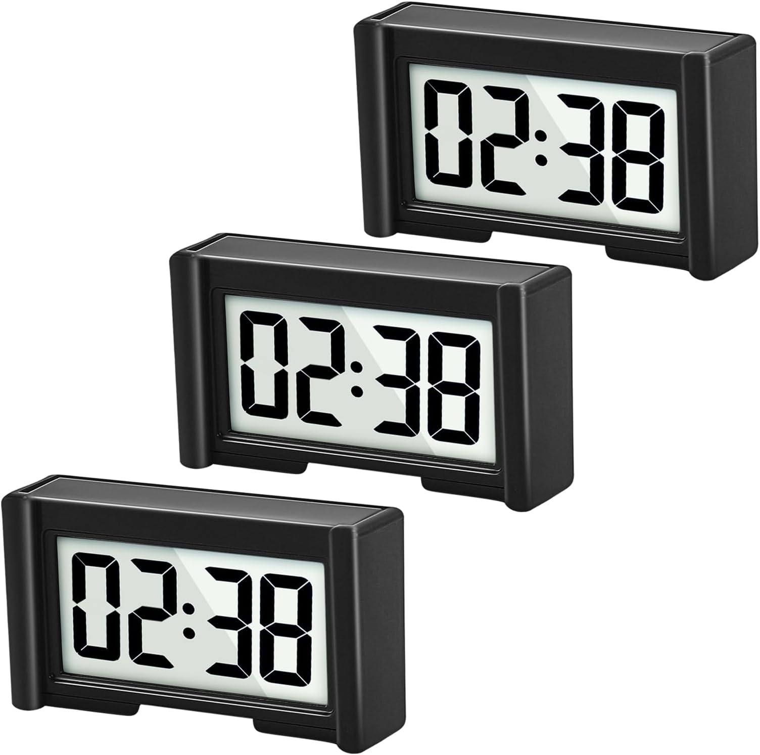 YOUNGFLY 3PCS Small Digital Clock, Vehicle Adhesive Clock with Jumbo LCD Time & Day Display, Mini Car Dashboard Clock Battery Operated for Desktop Car Truck Dashboard & Air Vent (Black)