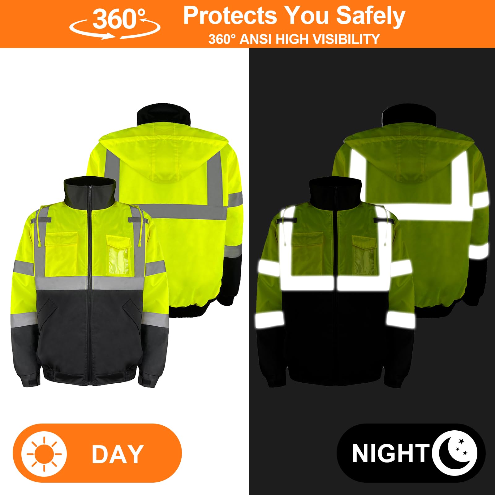 HYCOPROT Chaqueta de Seguridad para Hombre Chaqueta Bomber Reflectantes de Alta Visibilidad Cremallera Impermeables con Bolsillos Chaquetas de Trabajo Invierno para Climas Fríos Normas EN ISO 20471