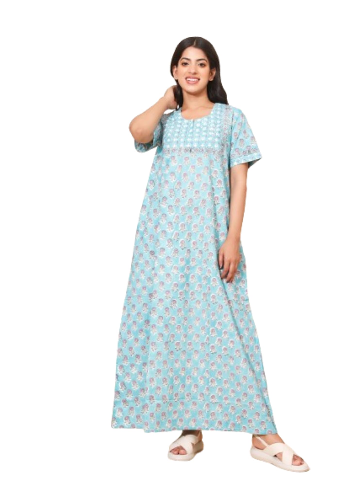 YELLOW BLOOMCelestial Bloom Nighties for Women | Maxi Dress | Blue & Mauve | Hand Block Print | Home Wear | Travel Wear | Ankle Length | Stylish Wear | Lounge Nighty | Pure Cotton