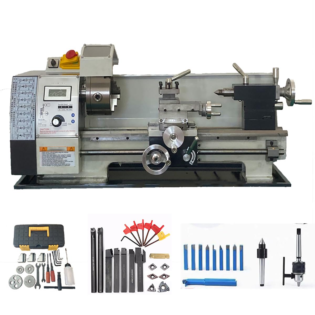QYLTTDM Mini Metal Lathe Machine, 900W Precision Benchtop Power Metal Lathe, 50-2500 RPM Continuously Variable Speed, with Metal Chuck Tool Box for Processing Precision Parts Metal Turning