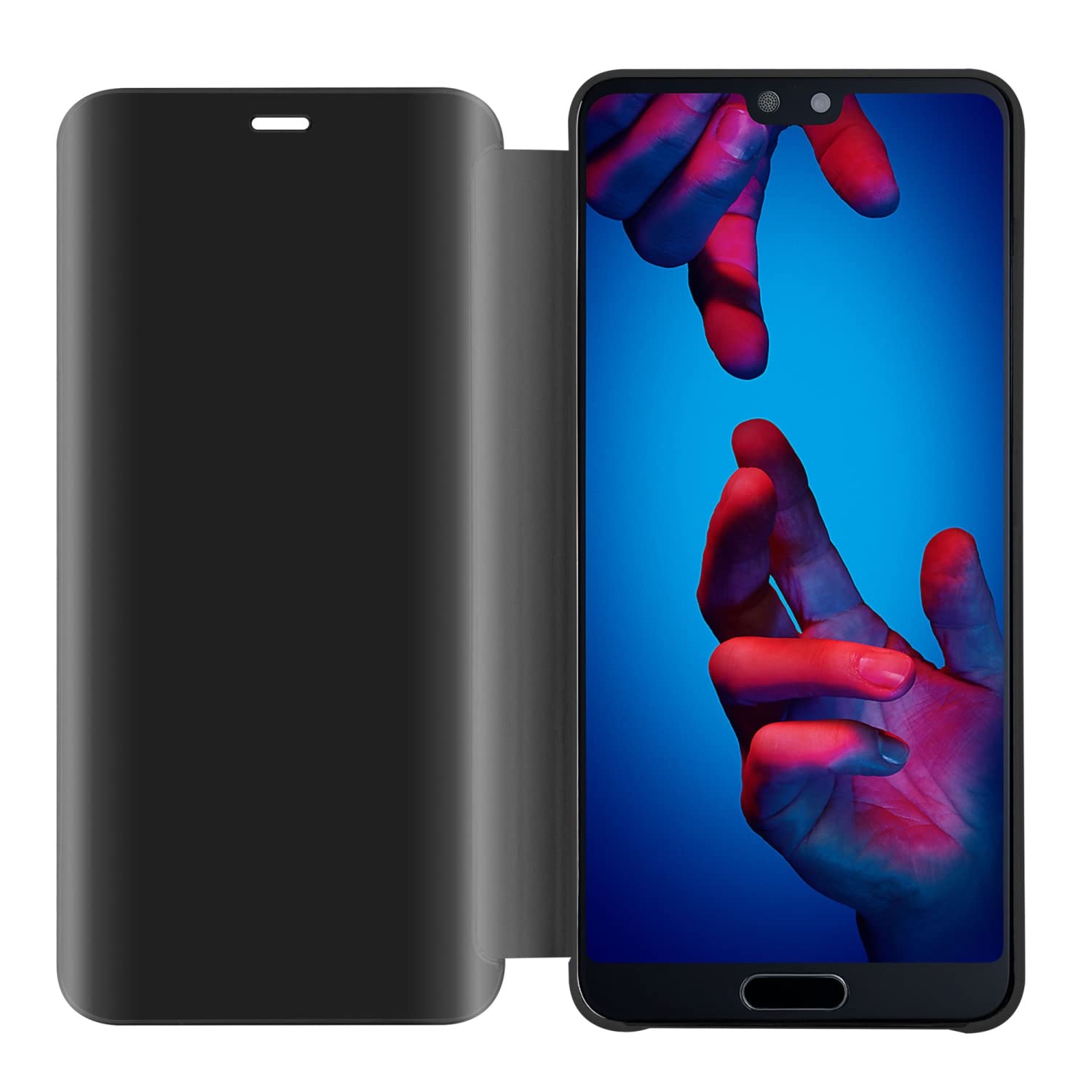 CADORABO Custodia Clear View Specchio con funzione di supporto Protezione a 360 gradi CUSTODIA A LIBRO per MATE 20 PRO, Nero