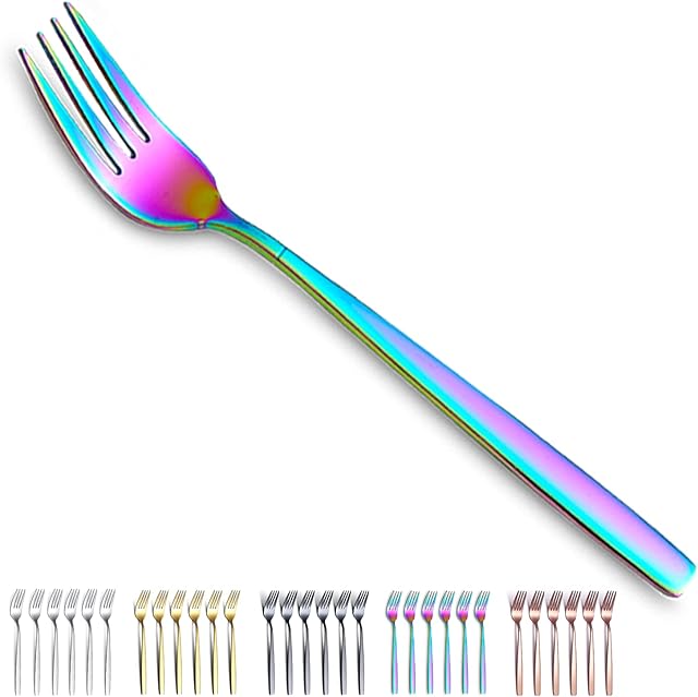 Rainbow Dinner Forks 6 Pieces, Kyraton Titanium Rainbow Plated Stainless Steel 19.5cm Table Forks Cutlery Forks Set, Silverware Set, Dishwasher Safe.
