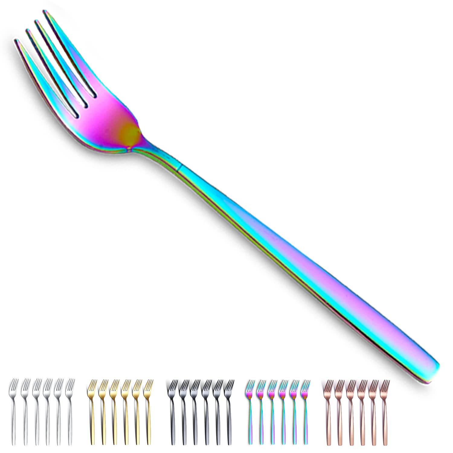 Rainbow Dinner Forks 6 Pieces, Kyraton Titanium Rainbow Plated Stainless Steel 19.5cm Table Forks Cutlery Forks Set, Silverware Set, Dishwasher safe.