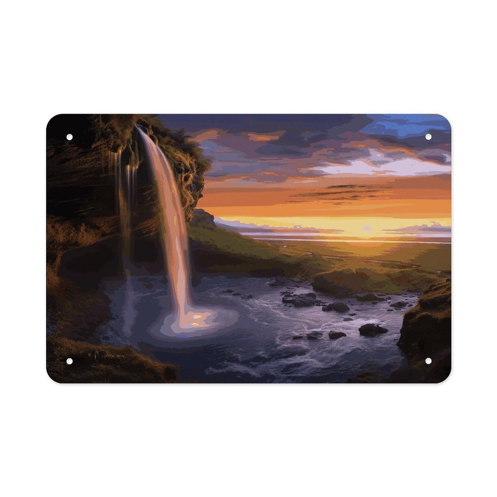 LDGSUPH Waterfall at Sunset Metal Tin Sign Wall Art Prints Folded Edge Iron Sheet Painting with Holes for Wall Prints Decorative Picture Metal Signboard Decor Painting Wall Decor