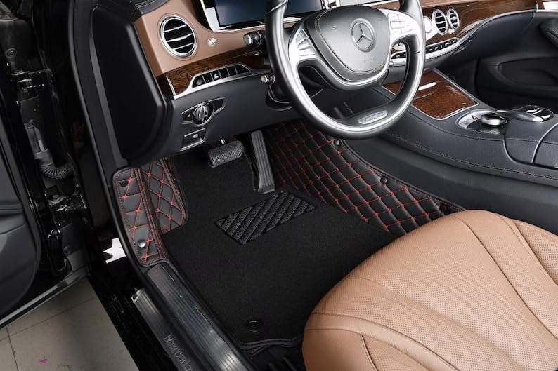 Image of Auto Fusion Premium 7d Car Mats Universal for All Cars | Luxury Double Stitched 7 Layer Protection Car Floor Tray Mats | 100% Waterproof and Washable (Black with Red Stitching, Universal)