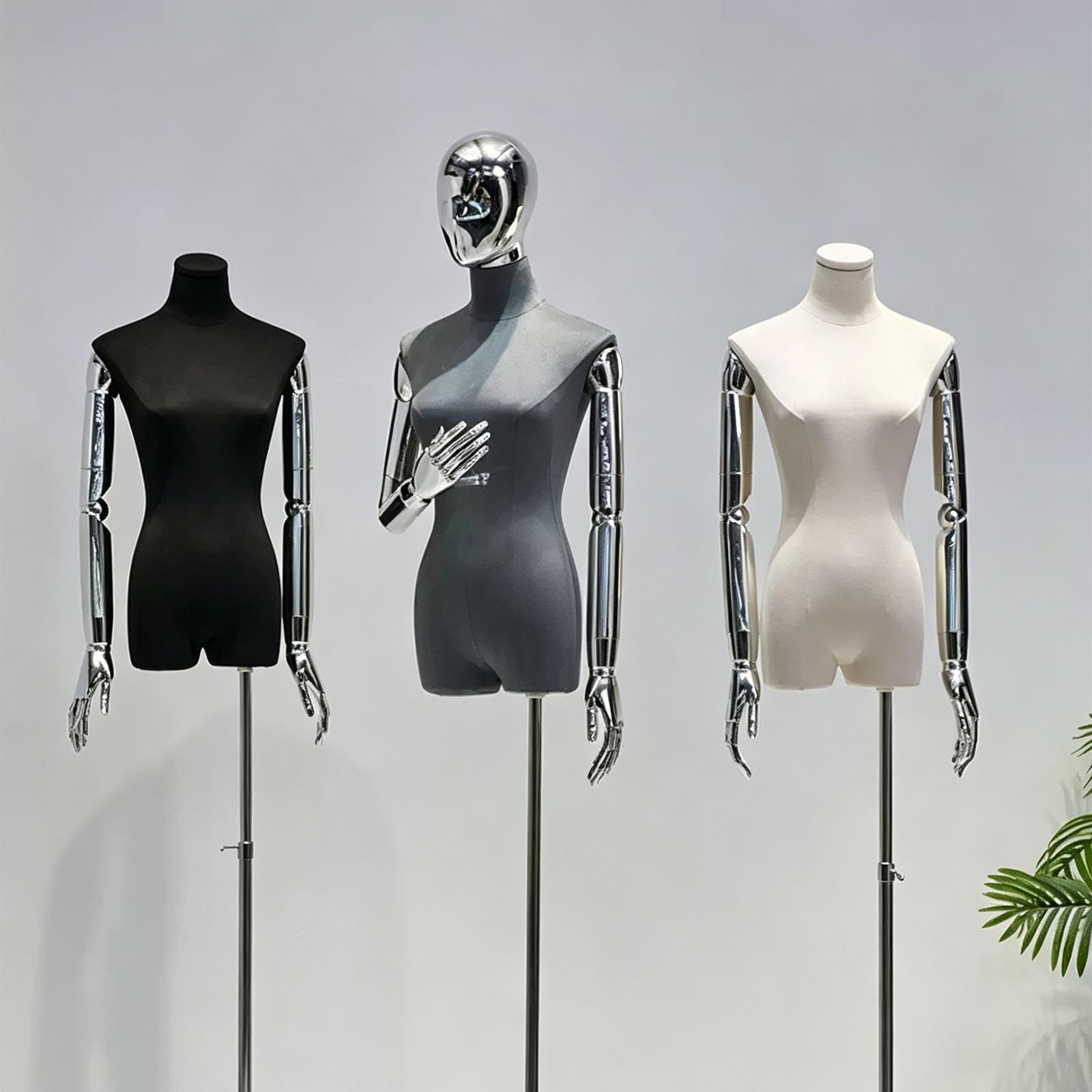 Torso Manichino Donna Altezza Regolabile, Bracci Articolati Argentati | Altezza Regolabile 190cm, Base Acciaio Inox, Mani Articolate, Torso Tessuto Morbido, Esposizione Boutique(Black)
