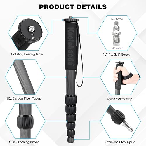 Miniatura 2 de Koolehaoda Monopod de fibra de carbono, cámara compacta portátil de 6 secciones Monopod Unipod Stick. Carga máxima 22lbs10kg - MP286C