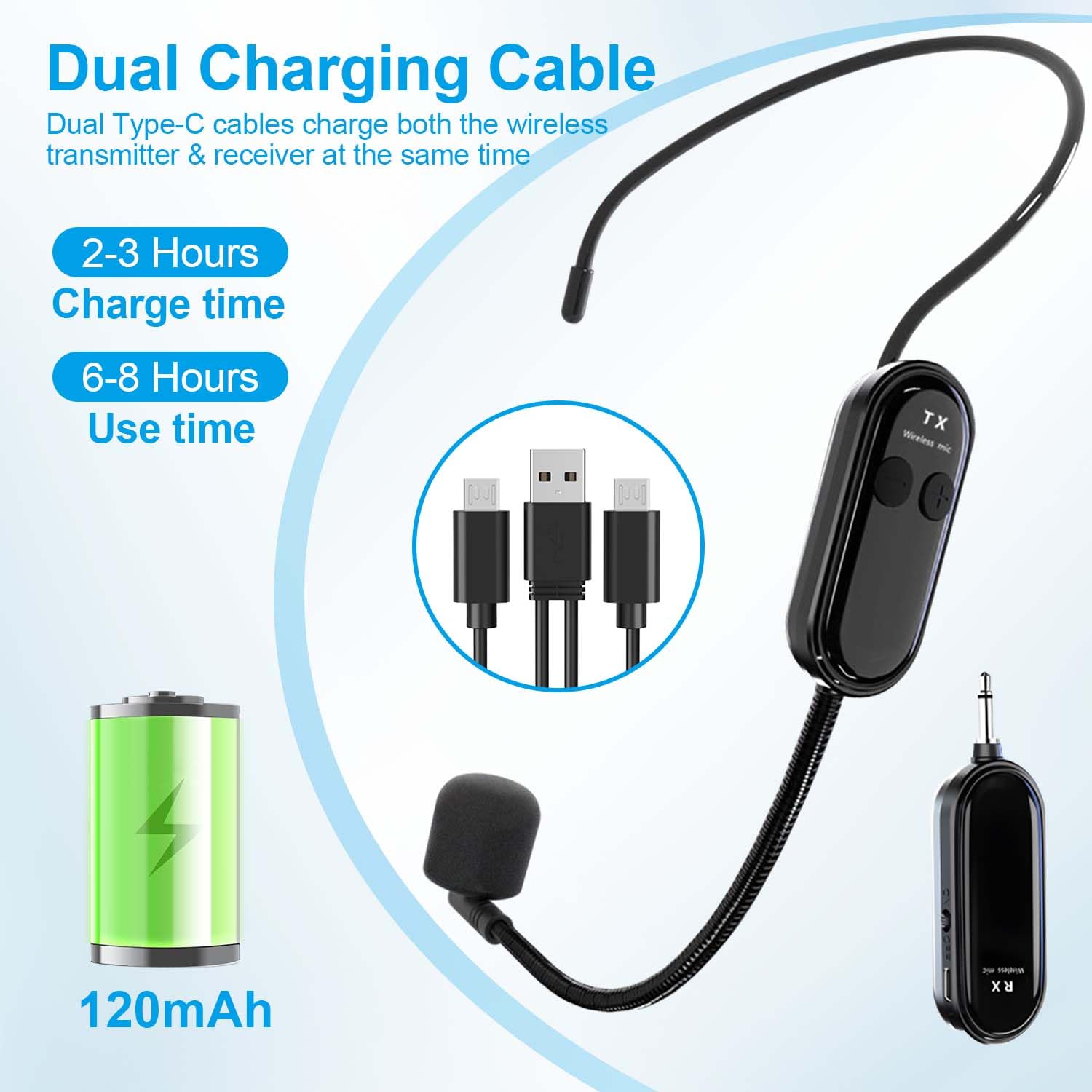 Microfono Wireless ad Archetto Wireless Auricolare/a Mano 2 in 1, UHF Wireless Microfono Ricaricabile Spina Jack da 6,35mm e 3,5mm per Amplificatore Vocale, Fitness, Insegnamento, Tour, Sistema PA