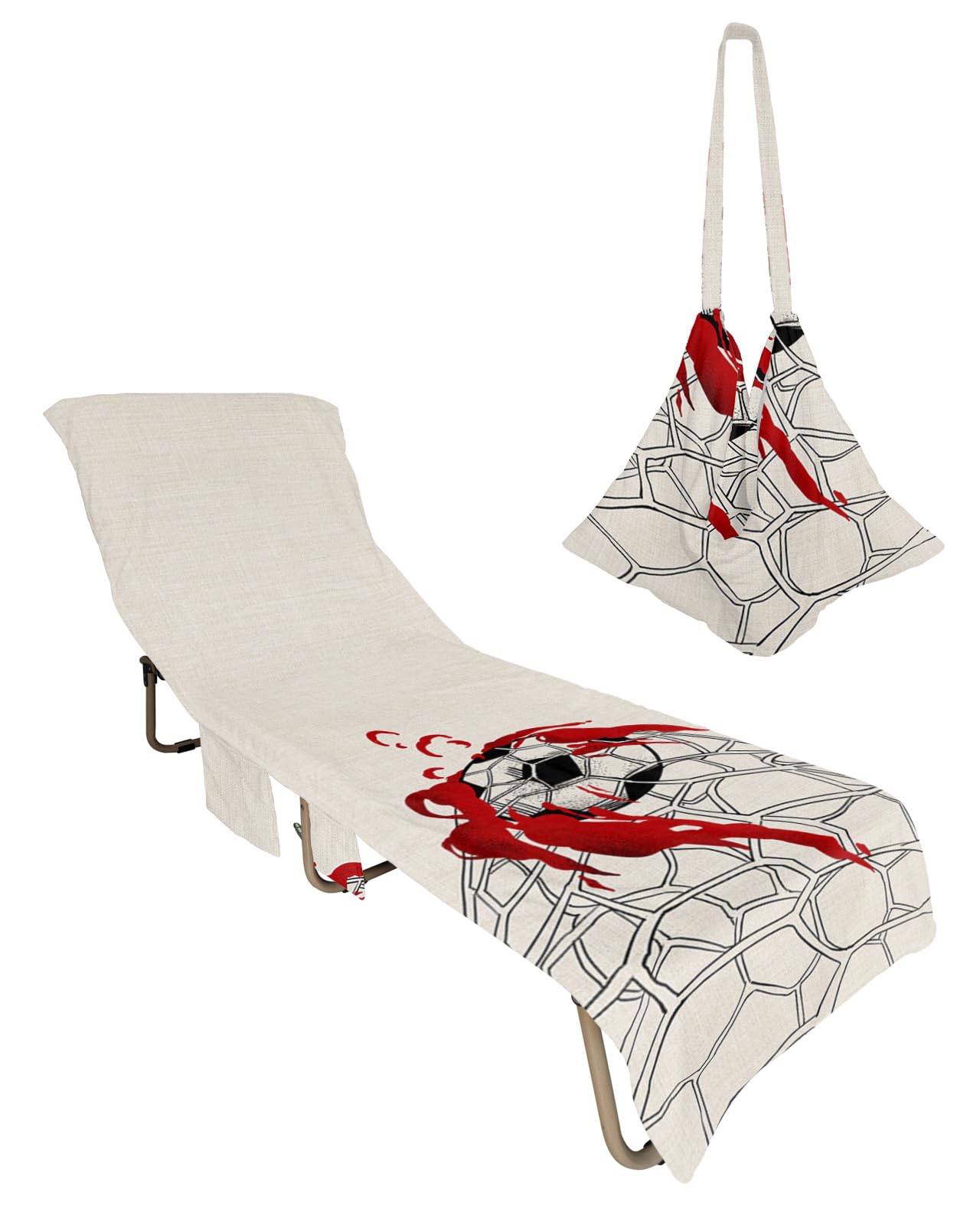 Football with Red Flame Beach Lounge Chair Towel Cover, Soft Chaise Lounge Towel with Side Pockets Patio Pool Chairs Cover for Beach/Pool Sunbathing 29x85 White Tennis Sport Rustic