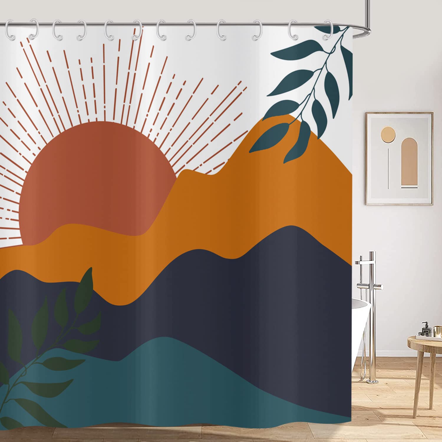 Hnmdmyi Boho Shower Curtain 200x180, Mid Century Abstract Mountain Sunset with Leaves Bathroom Curtains Modern Minimalist Geometric Aesthetic Art Waterproof Polyester Fabric Washable Bath Curtains