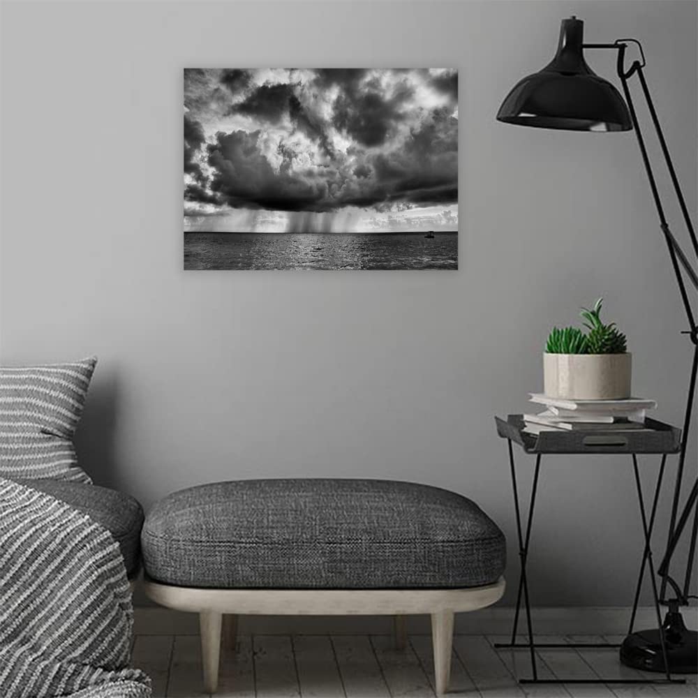 VERRE ART Wood Framed Canvas - Wall Decor for Living Room, Bedroom, Office, Hotels, Drawing Room (22in X14in) - Ocean With Dark Clouds B&W View