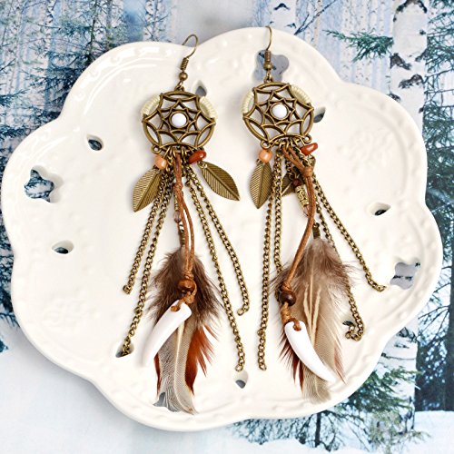 Punk Vintage Long Tassel Feather Beads Drop Wolf Tooth Pendant Earring Fish Hook Earrings (Brown A) #TOP6