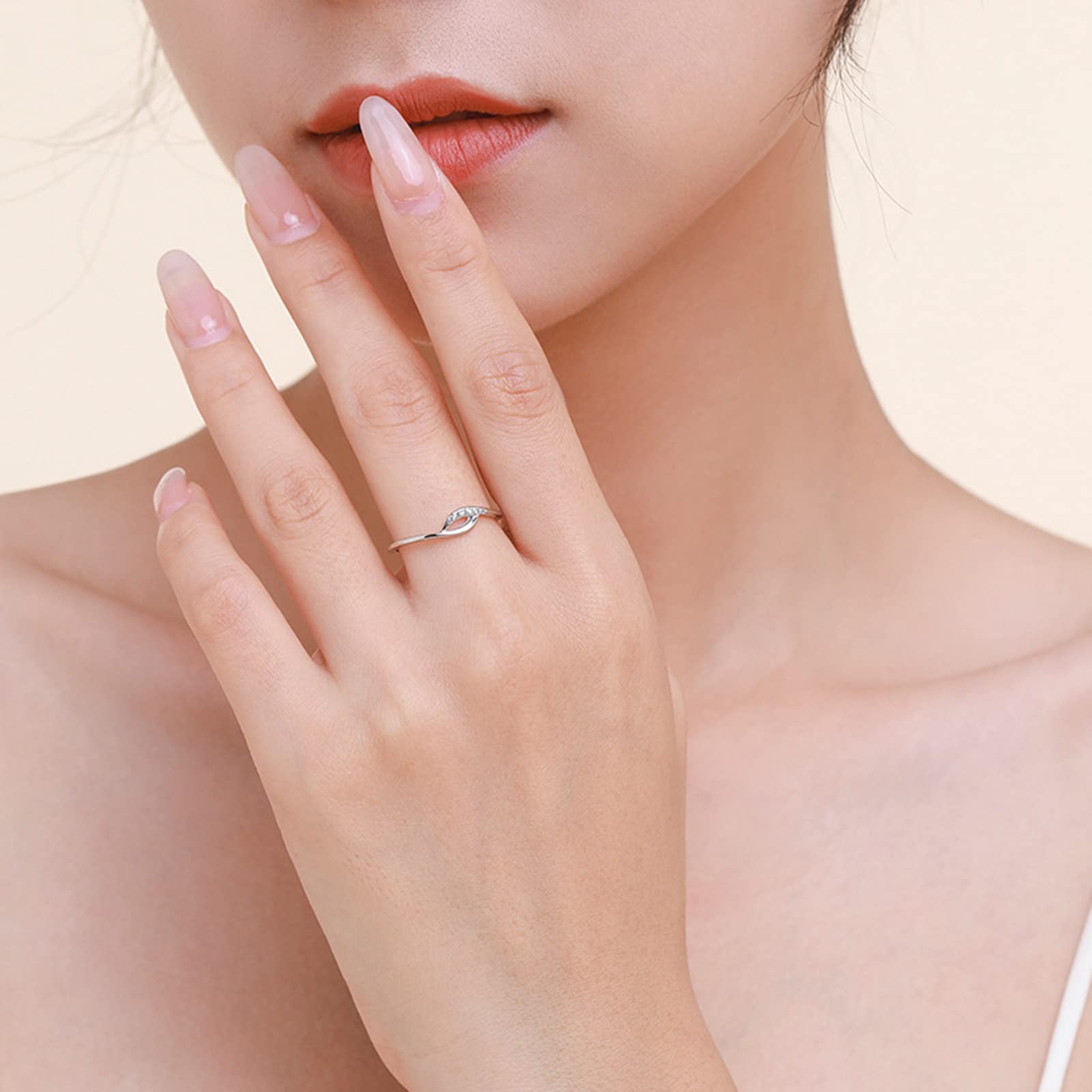 Bague Or Blanc Femme 9/14/18 carats, Anneau Empilable Vague Orné de Diamant, Bague Fine Or Véritable