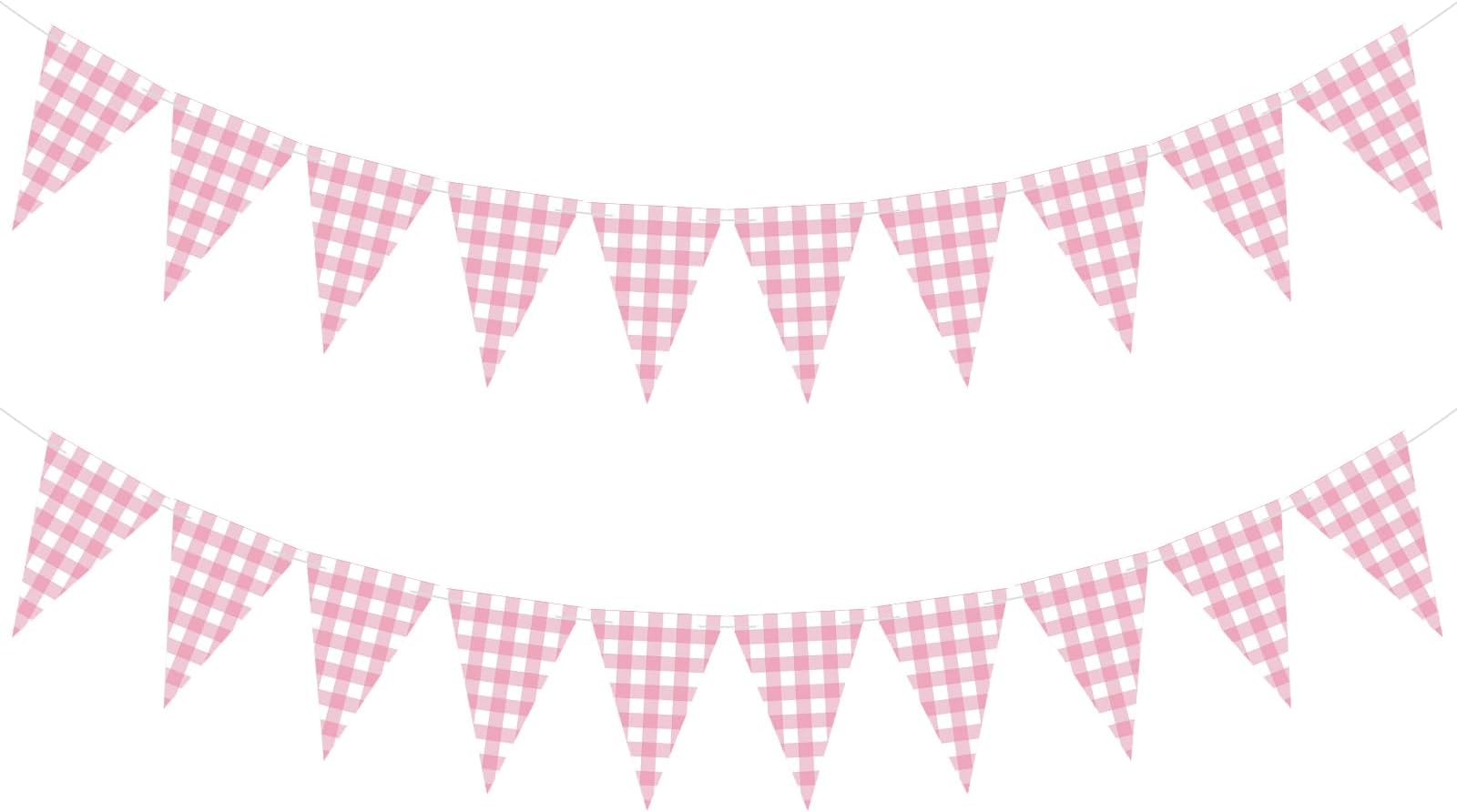 2 Pcs Gingham Banner Checkered Banner Triangle Bunting Decoration Double Sided Gingham Pennant Flags for Picnic Wedding Christmas Outdoor Birthday Party BBQ Decorations(Pink and White)