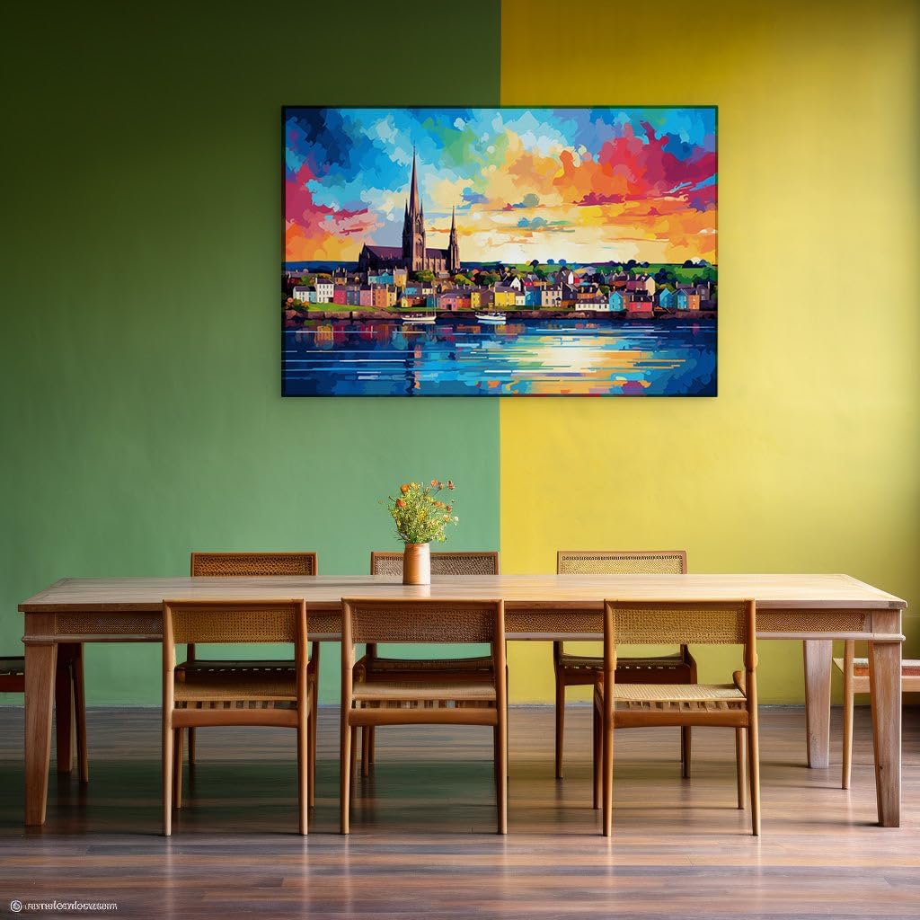 Canvas for Living room. Coastal Serenity at Dusk - Capturing the Enchantment of a Sunset Over a Colorful Town, 27 x 18 inch Canvas Wall Art - Contemporary Masterpieces - Modern Home Decor