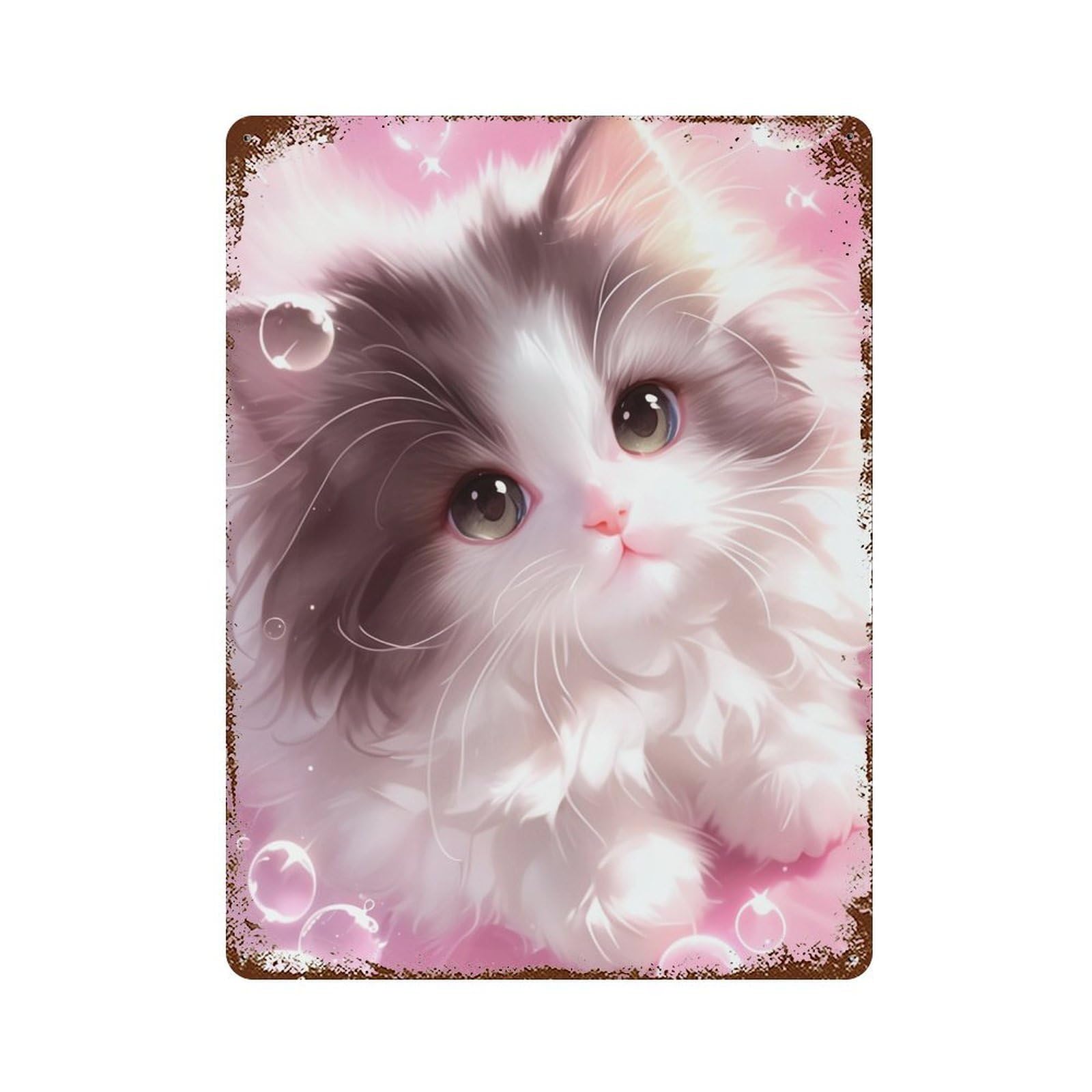 Cute Kitten Pink Background Rust Effect Tin Sign 15.7"x11.8", Farmhouse Wall Decor for Living Room, Hallway And Home Decor