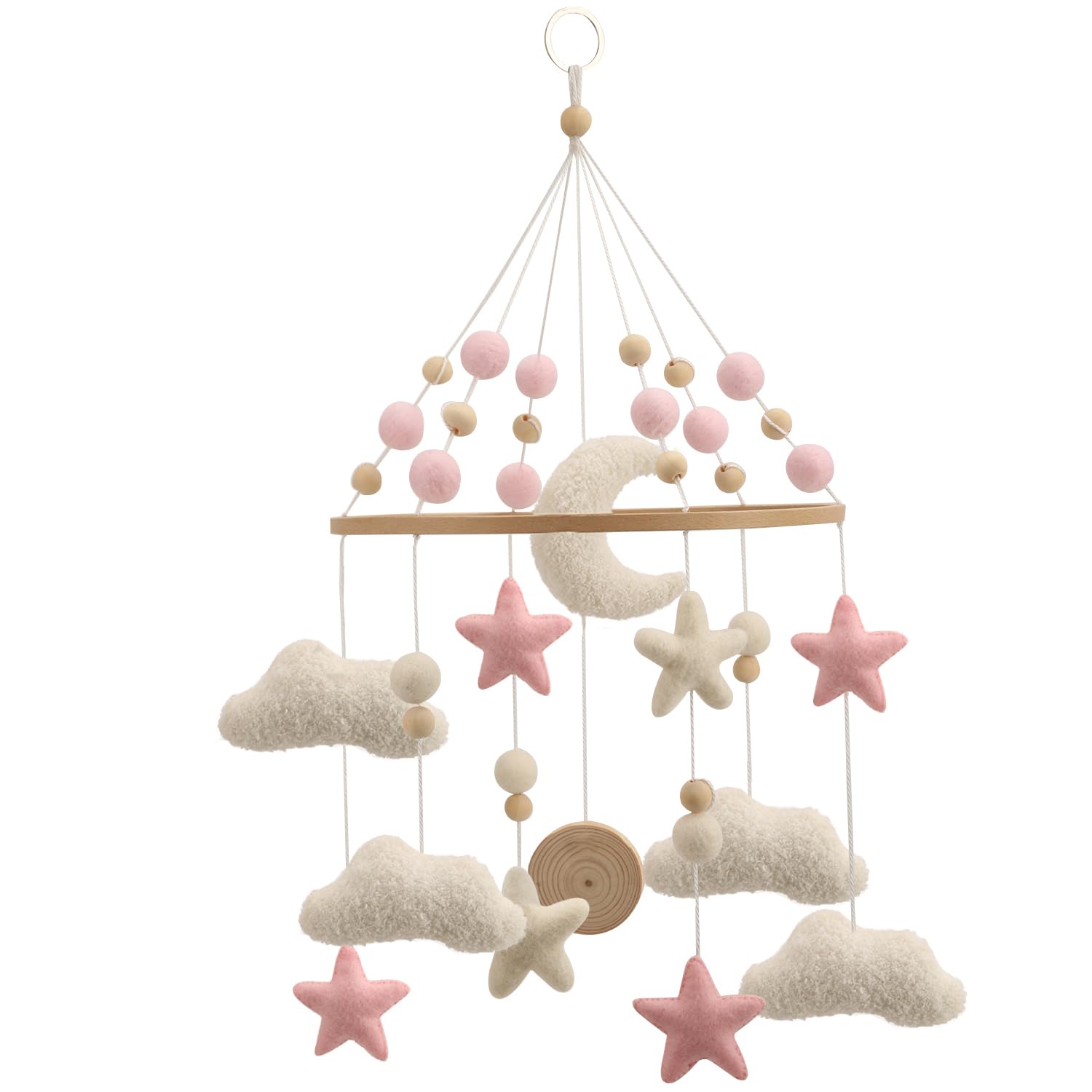 Cloud Mobile per culla – Una nuvola fatta a mano per culla con luna e stelle rosa