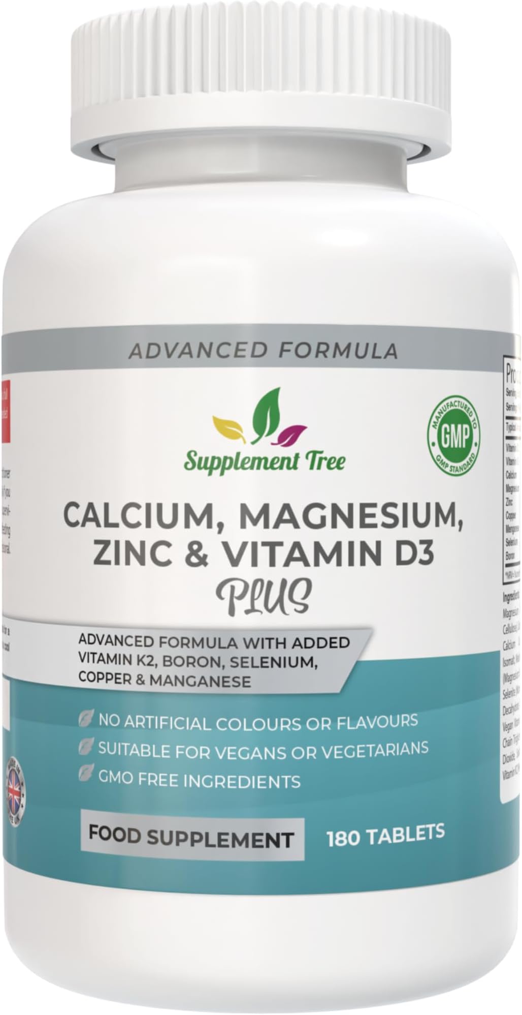 Calcium Magnesium Zinc and Vitamin D Plus Vitamin K2 MK-7 Supplement - 180 Vegan Tablets - High Strength Calcium Tablets Complex with Vitamin K2 Copper Manganese Selenium & Boron - UK Made
