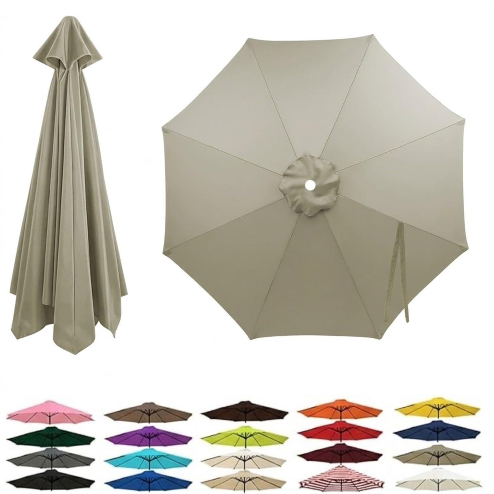Replacement Parasol Canopy 2.0m 2.7m 3.0m 4.0m for 6/8 Arms, Waterproof Garden Parasol Cover, Outdoor Umbrella Replacement Canopy Fabric, Fabric Only, 23 Colors(Light Gray,6-RIBS-6.6FT/2.0m)