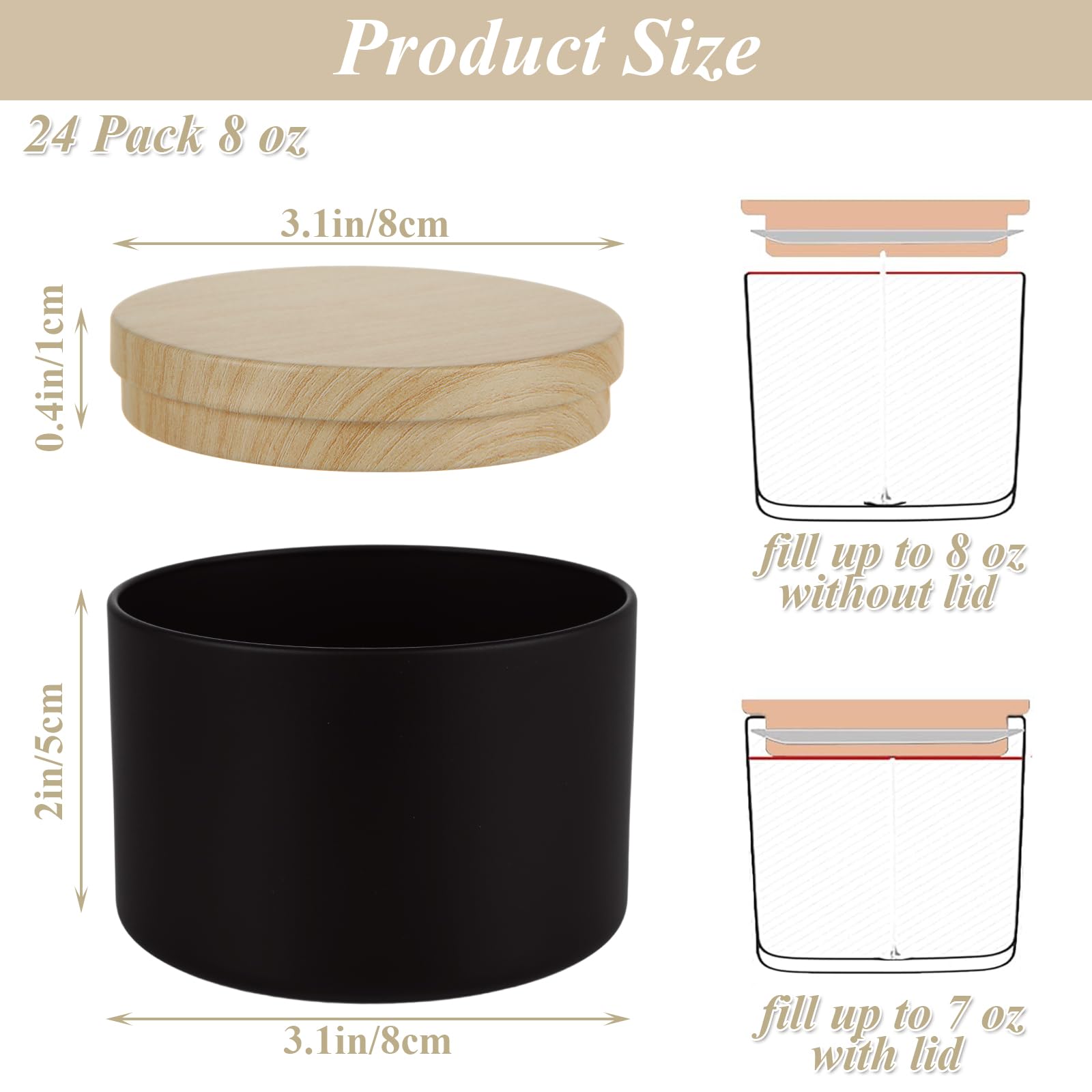 CYEAH 24 Pcs Matte Black Candle Jars with Bamboo Lids, 7 OZ Candle Tins for Making Candles, Empty Candle Containers, Candle Jars for Candle Making, Storage, and Gift