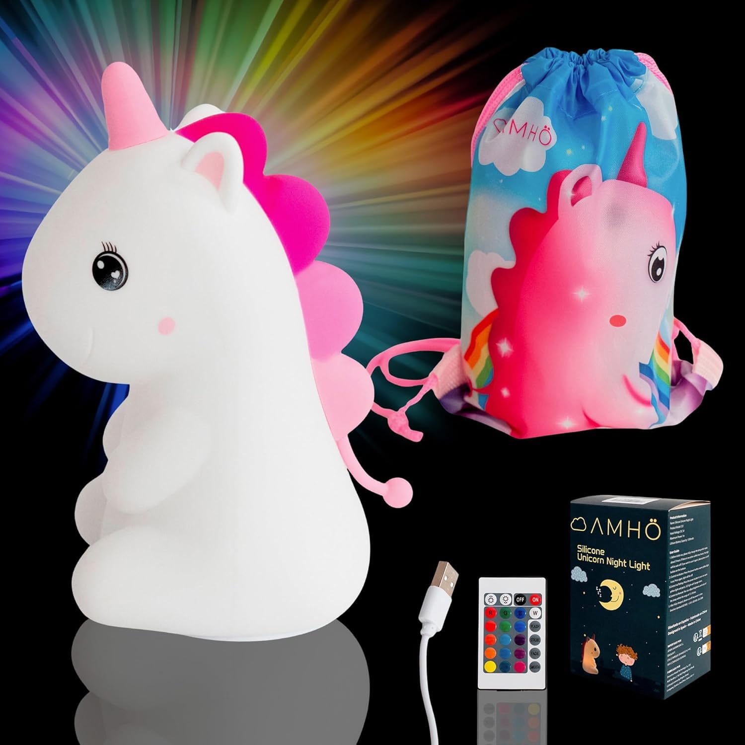 AMHÖ Unicornio Luz Nocturna Infantil Quitamiedos Lámpara Bebe Noche con Bolsa de Regalo Led Recargable Luz de Bebe Night Light Tactil de Silicona