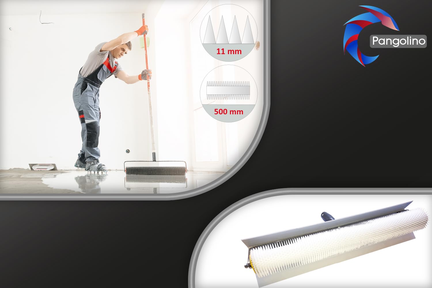 Pangolino - Juego de rodillos de purga de ventilación: rodillo de ventilación de 50 cm + suela de clavos de nailon [35 mm] (montado) + rasqueta de pie de 560 mm – Rodillo de purga de hormigón con