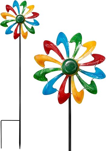 Vkinman Molinos de viento de metal de 11.41 pulgadas, molinos de viento de flores de arcoíris, decoración de césped para patio, jardín, granja,