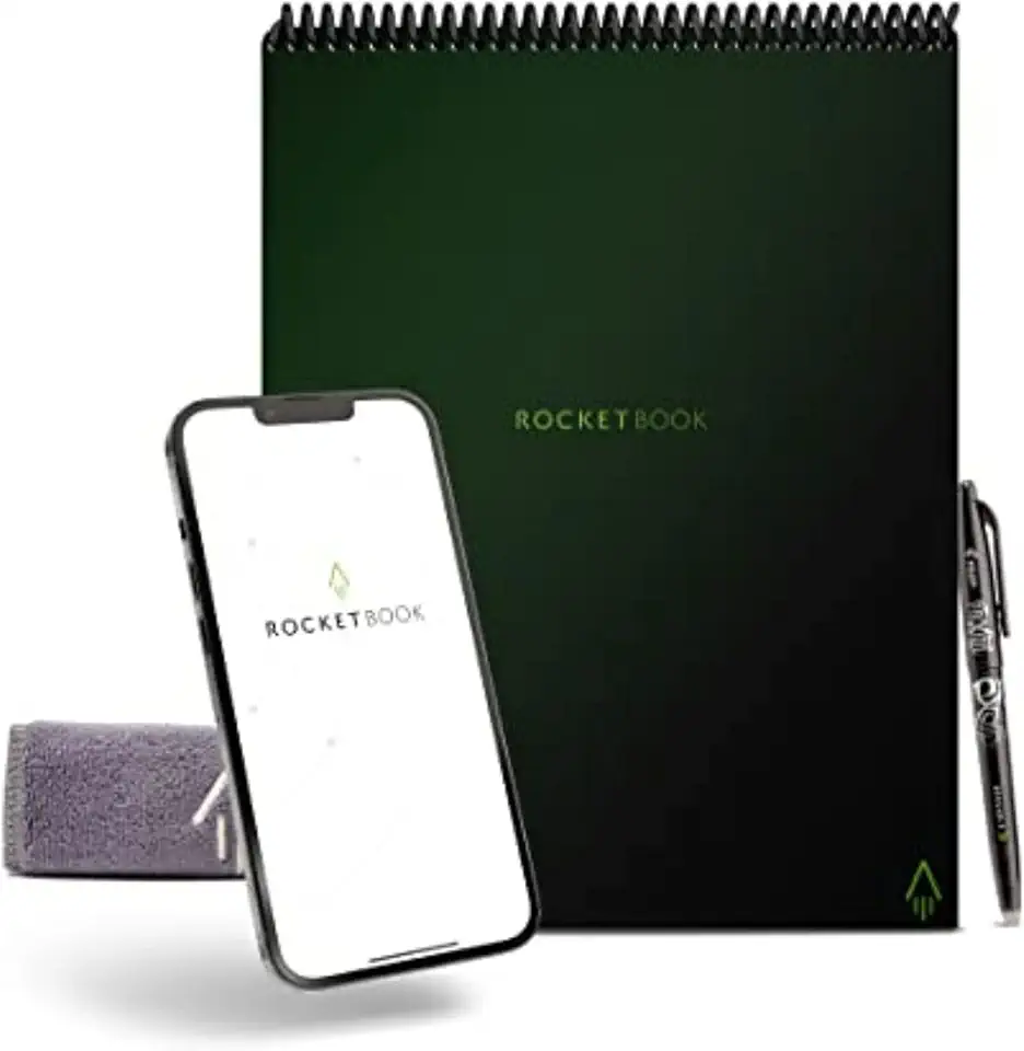 Bloco de Notas Rocketbook Flip – com 1 caneta Pilot Frixion e 1 pano de microfibra incluído – capa verde, tamanho carta (21,5 x 27,9 cm) (FLP-L-K-CKG)