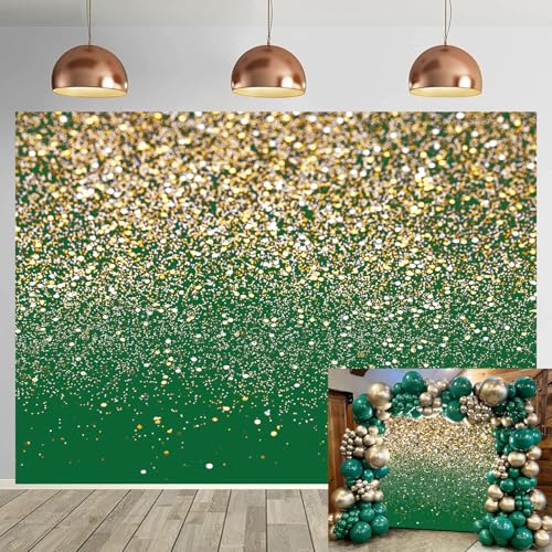 Toile de fond à paillettes vertes et dorées avec taches dorées bokeh pour photographie d'anniversaire pour enfants et adultes, mariage, baby shower, fête d'anniversaire, décorations d'arrière-plan