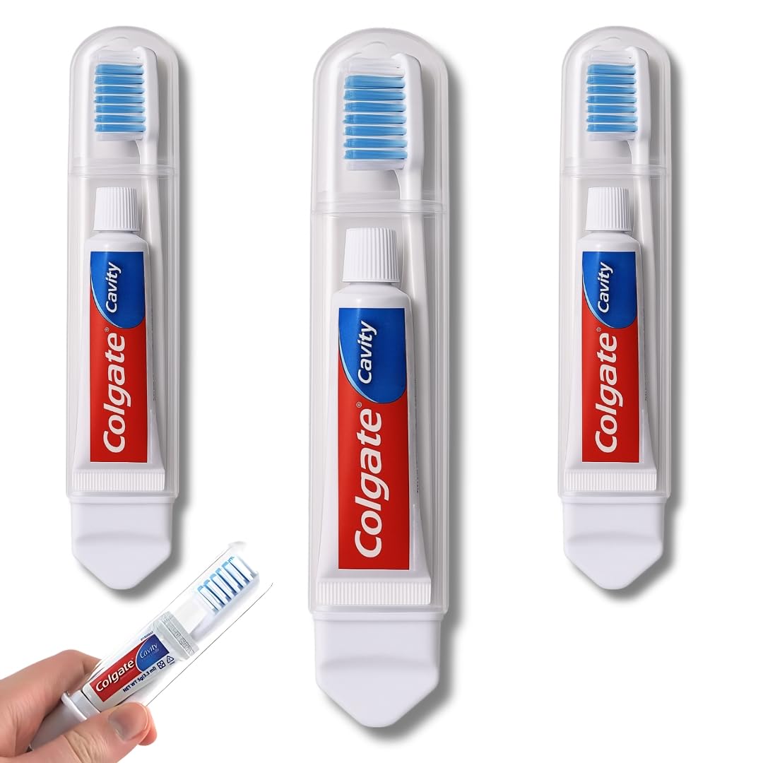 Colgate Travel Toothbrush Set of 3 by VistaHome - Foldable Toothbrush - Portable Toothbrush Set with Toothpaste - Orthodontic Toothbrush Set - Compact Toothbrush Set with Mini Toothpaste - Travel Size