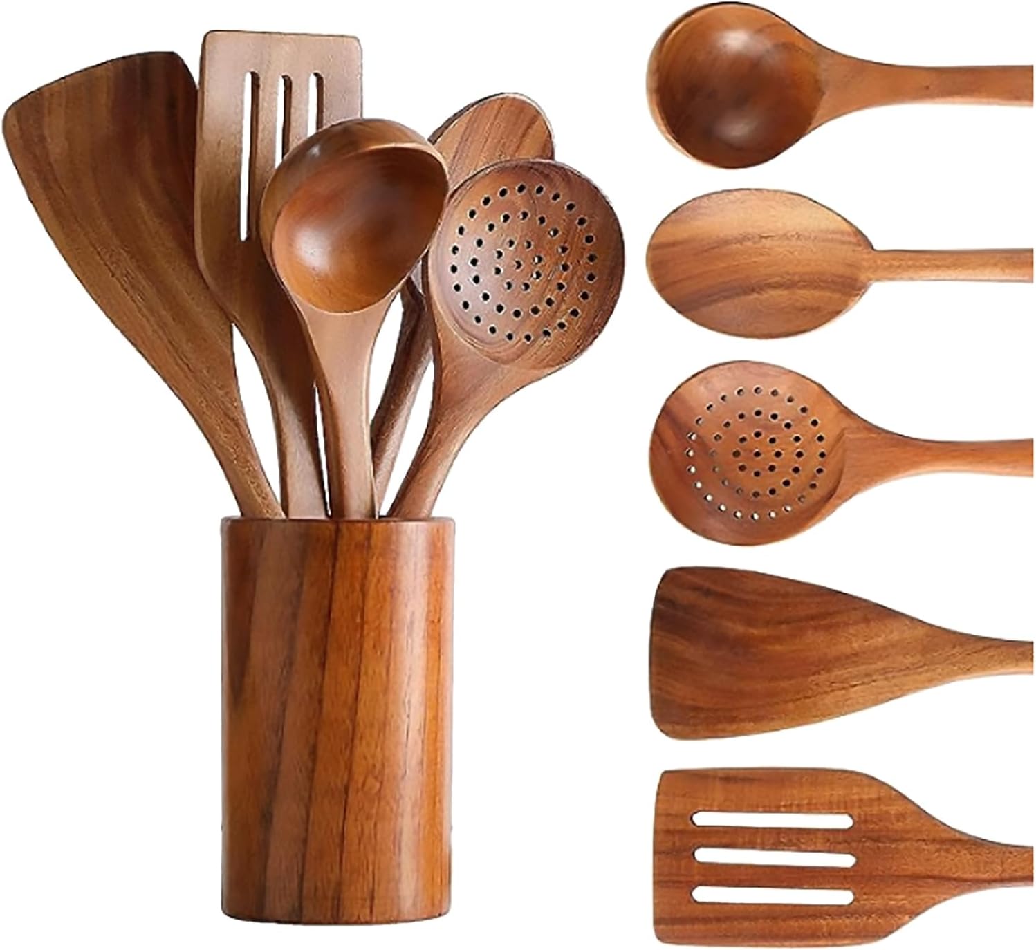 6 PCS Wooden Cooking Utensils Set, Wooden Spoons for Cooking, with Utensils Holder, Comfort Grip, Ideal for Nonstick Cookware INCOMPLETE 