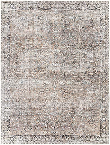 Kemer Collection Machine Washable Hallway Kitchen Runner Rug - Vintage Distressed Faded - Oriental Bohemian Persian Traditional Bordered Carpet - Pet Friendly - Brown, White, Black - 2'7" X 7'3" #TOP4