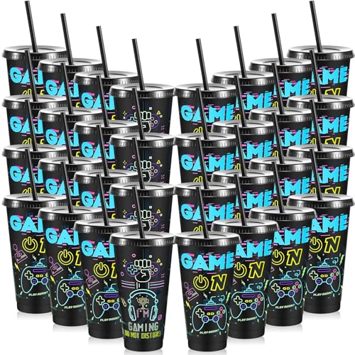 Uiifan 32 Pcs Video Game Party Plastic Cups with Lids and Straws 24 oz Iced Coffee Drinking Resuable Plastic Cups for Video Game Birthday Party Favor (Black)