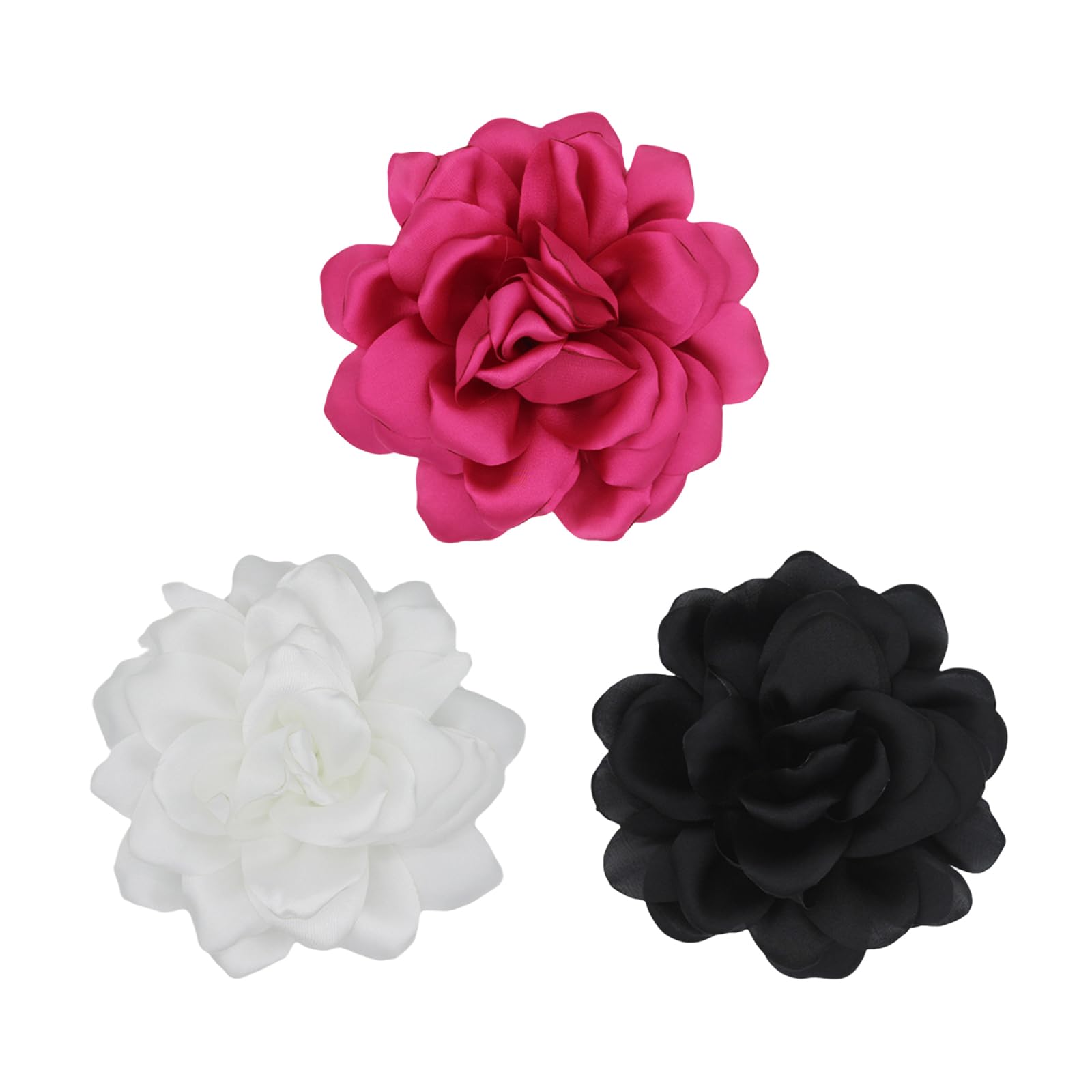 Lot de 3 broches en forme de fleur de rose en satin, 12 cm, couleur unie, fabriquée à la main, accessoire de costume (rouge, noir et blanc)