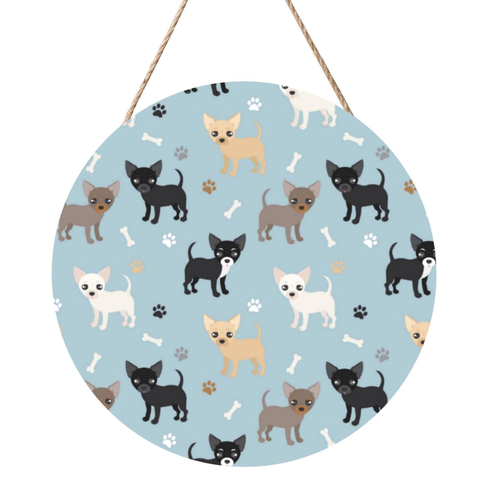 InOmak Chihuahua Dogs Blue, Round Wood Panel Painting 12 in, Wall Hanging Painting For Home