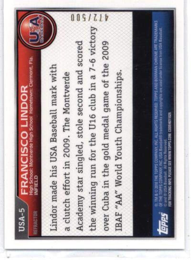 2010 Bowman Chrome USA Stars Refractors #USA5 Francisco Lindor Cleveland Indians MLB Baseball Card NM-MT /500