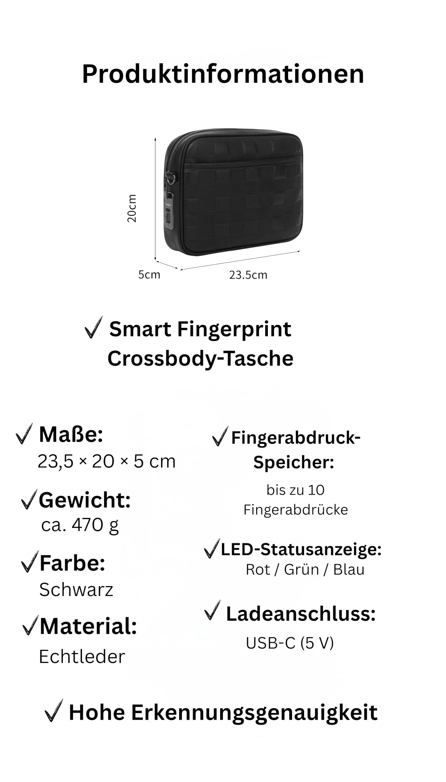 Smart Crossbody Tasche aus Echtleder mit Fingerabdruck-Schloss – Diebstahlsicher, USB-C, Schwarz, 23,5×20×5 cm
