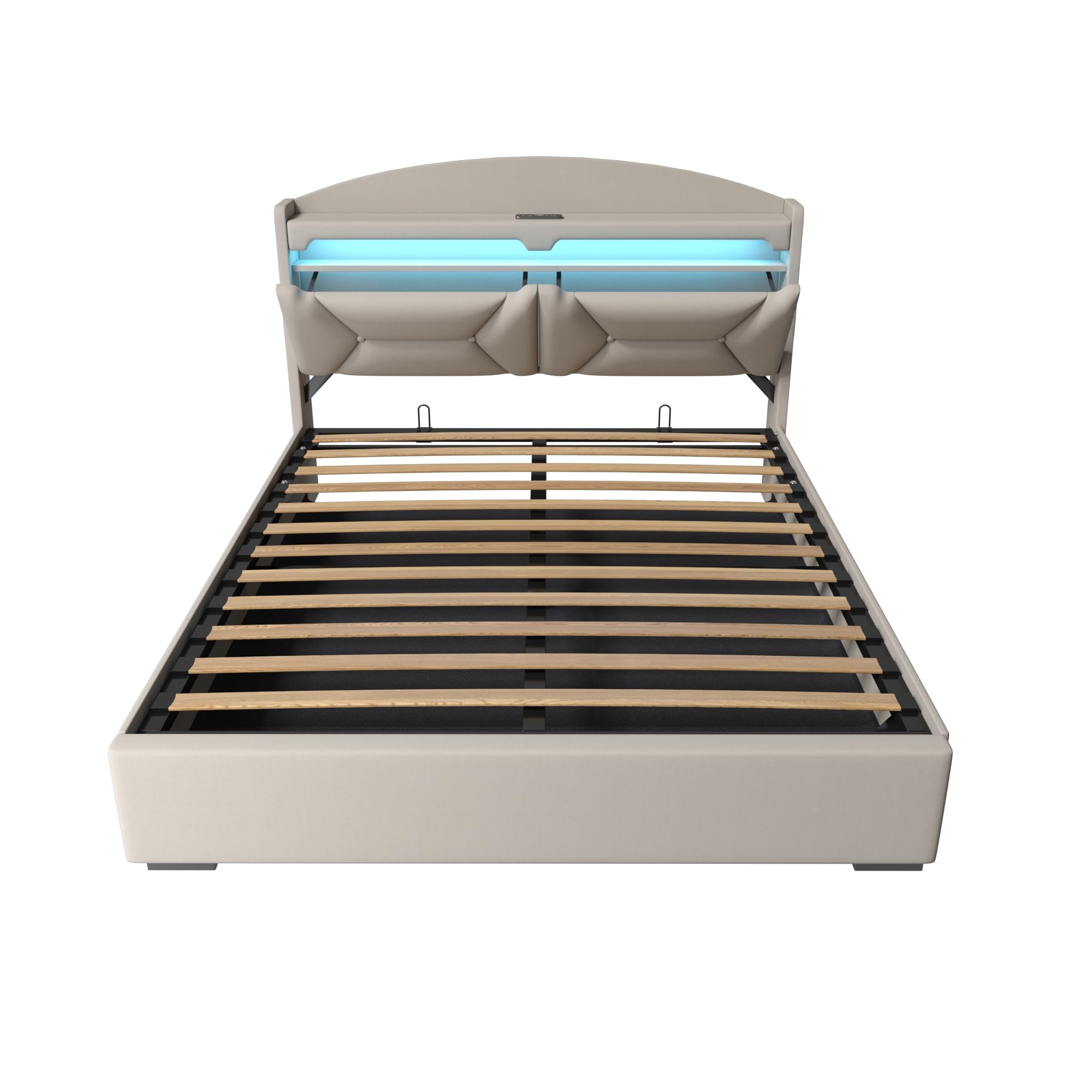 Letto Matrimoniale con Contenitore 140x200 cm, Letti Matrimoniali con LED, USB e Type-C, Letto Contenitore Idraulico, Letti Matrimoniali con Doghe, Beige Lino, Senza Materasso