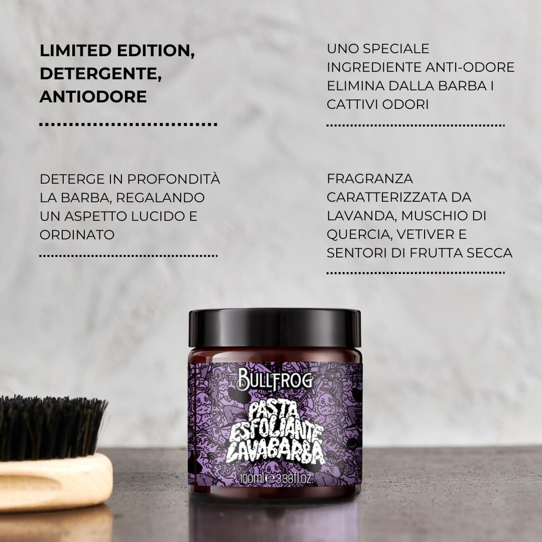 Bullfrog Pasta Esfoliante Lavabarba Limited Edition 100ml - Deterge in profondità la barba - Regala un aspetto ordinato (Viola)