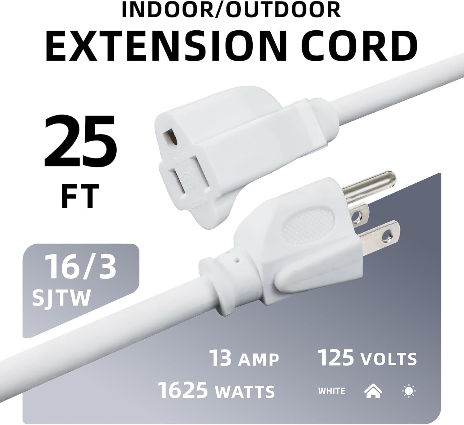 EP 25 Ft Outdoor Extension Cord - 16/3 SJTW White Electrical Cable with 3 Prong Grounded Plug