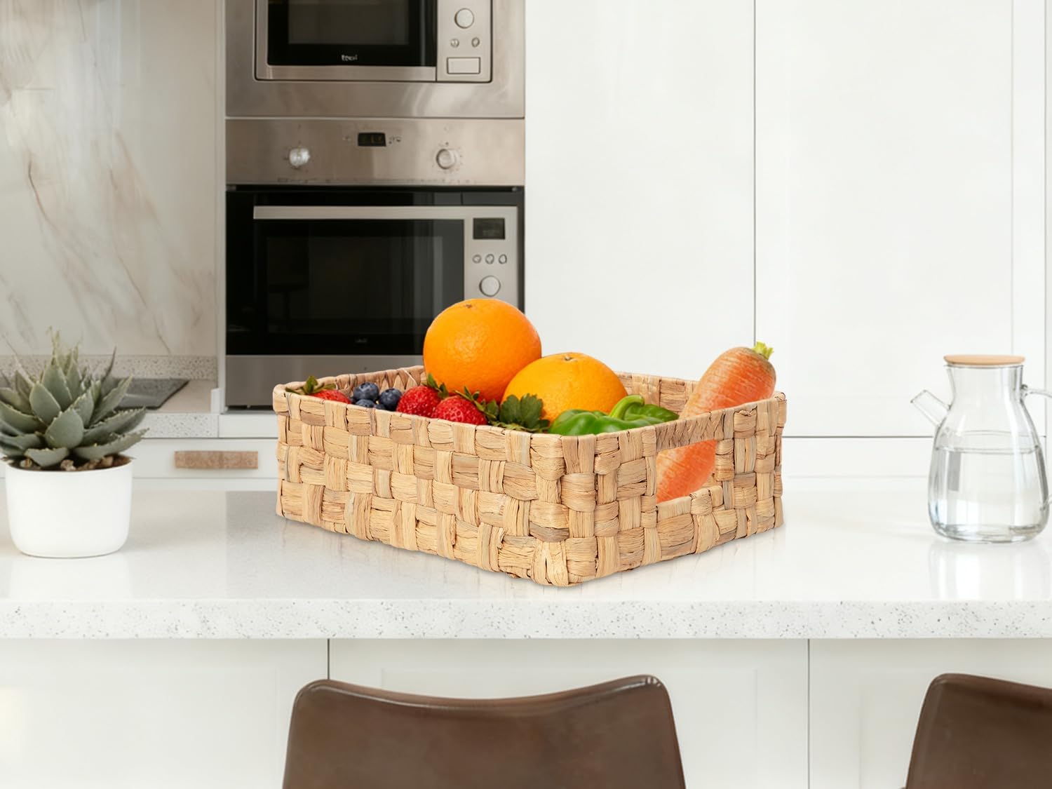 YAHUAN Water Hyacinth Storage Basket Handwoven Wicker Shelf Basket, Shallow Basket Tray Organizer with Handles for Home