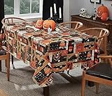Newbridge Halloween Rustic Spooky Farm 60 x 102 Inch Rectangle Vinyl Tablecloth with Flannel Backing, Vintage Halloween Truck and Pumpkin Design, Easy Care Wipe Clean Table Cover