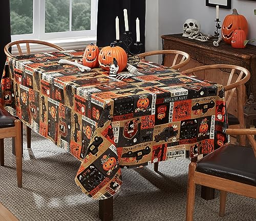 Newbridge Halloween Rustic Spooky Farm 60 x 102 Inch Rectangle Vinyl Tablecloth with Flannel Backing, Vintage Halloween Truck and Pumpkin Design, Easy Care Wipe Clean Table Cover